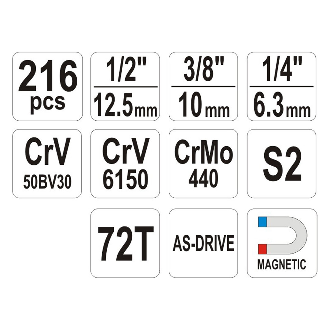 SET JUEGO DE DADOS 1/4", 3/8" Y 1/2" 215 PIEZAS YATO - Image 7