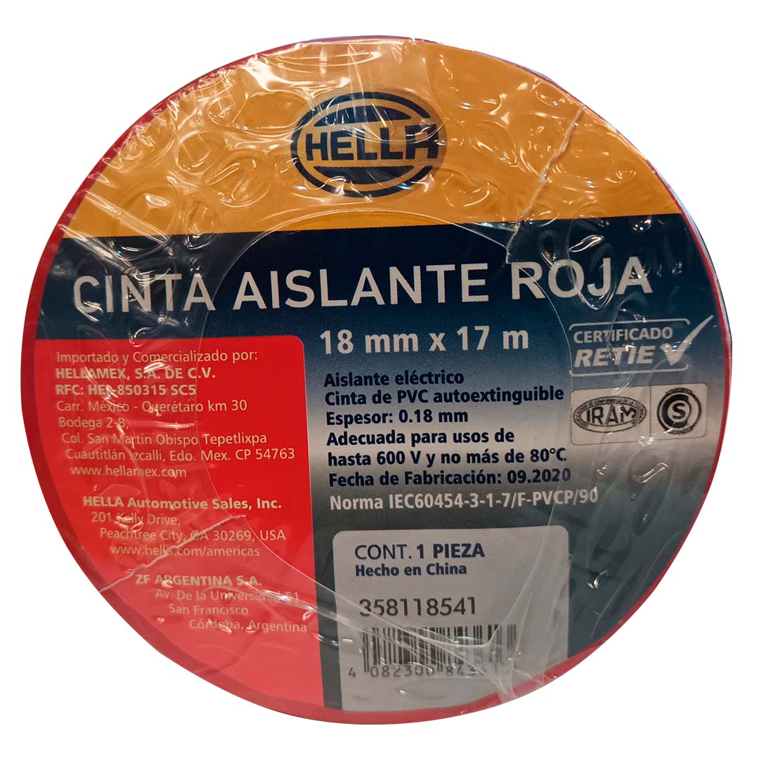 HUINCHA AISLANTE ROJA 17 METROS HELLA PACK 10 UNIDADES